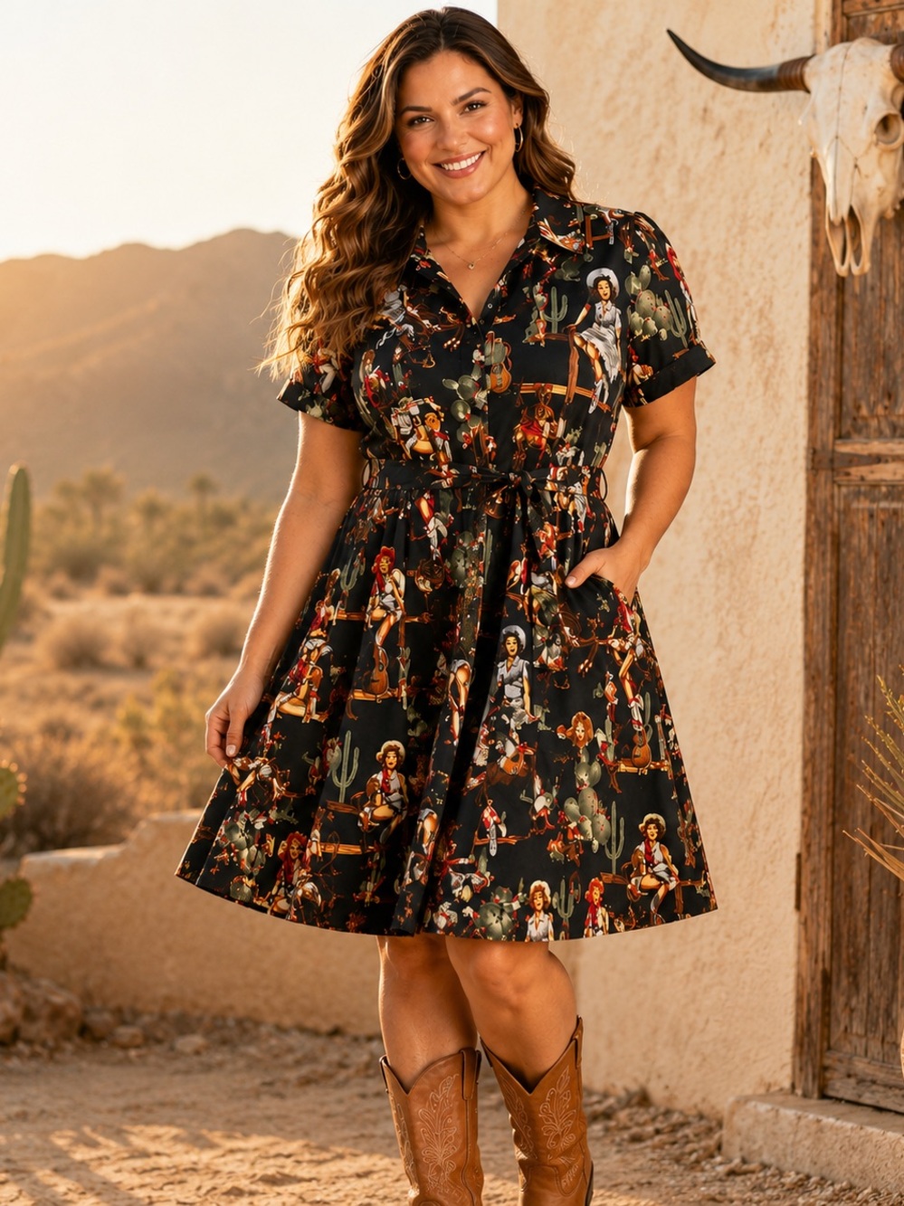 Western Cowgirl Rodeo Novelty Print Shirt Dress Ranchwear Pockets
